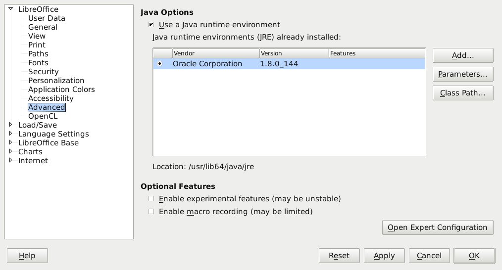 Figure 1: LibreOffice Advanced Options.